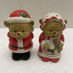 Vintage Christmas Santa Teddy Bear Salt And Pepper Shakers Ceramic 3.5”